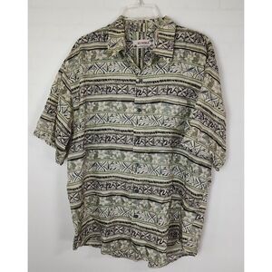 Summa Mens Silk Blend Hawaiian Shirt Large Olive Green Tribal Floral Button Down
